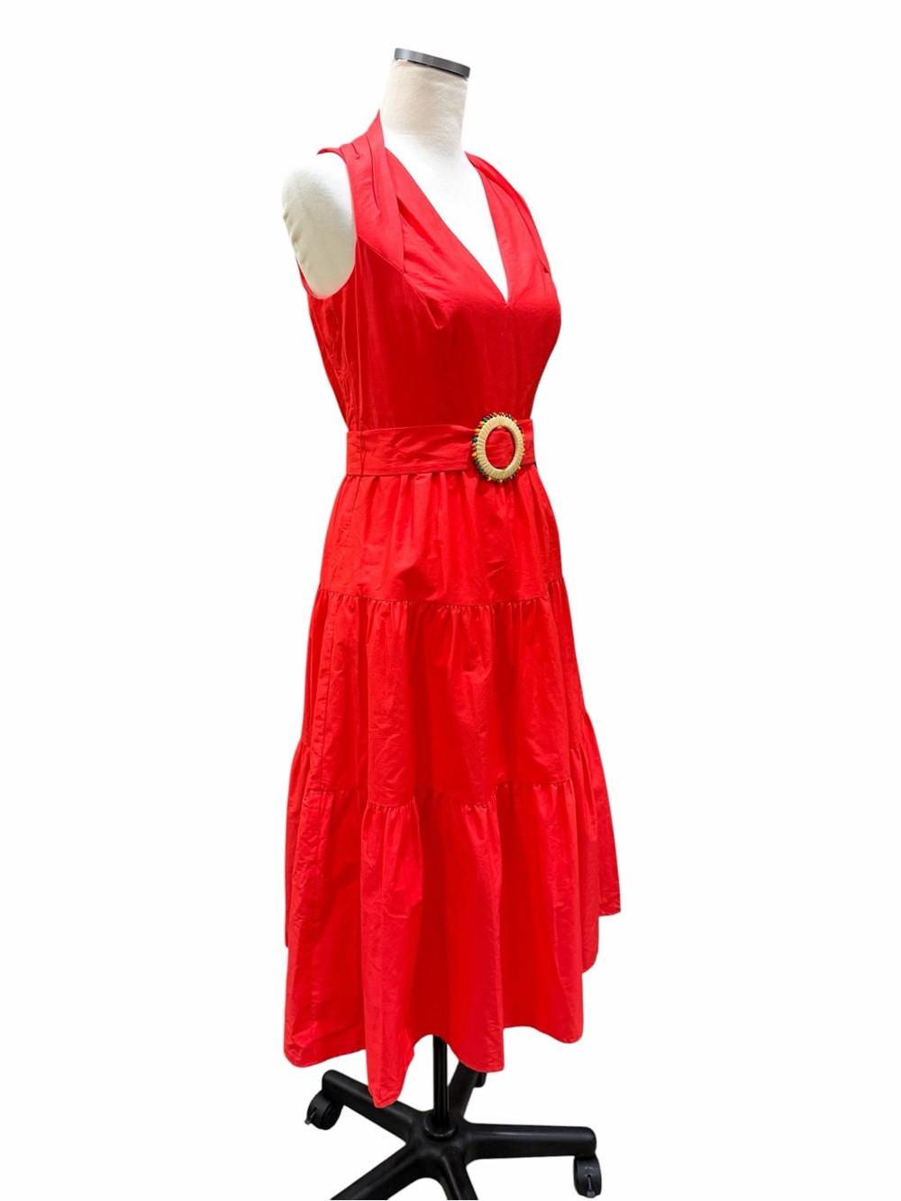 Vince Camuto Pleat Neck Cotton Midi Dress Belted Tiered Poppy Red 4 NWT - Picture 5 of 16
